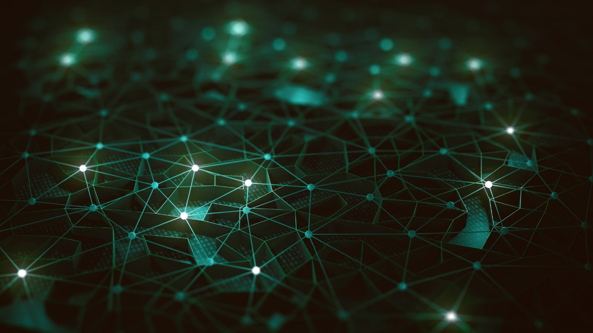 Glowing green-blue dots are connected by lines to form a network against a dark background.