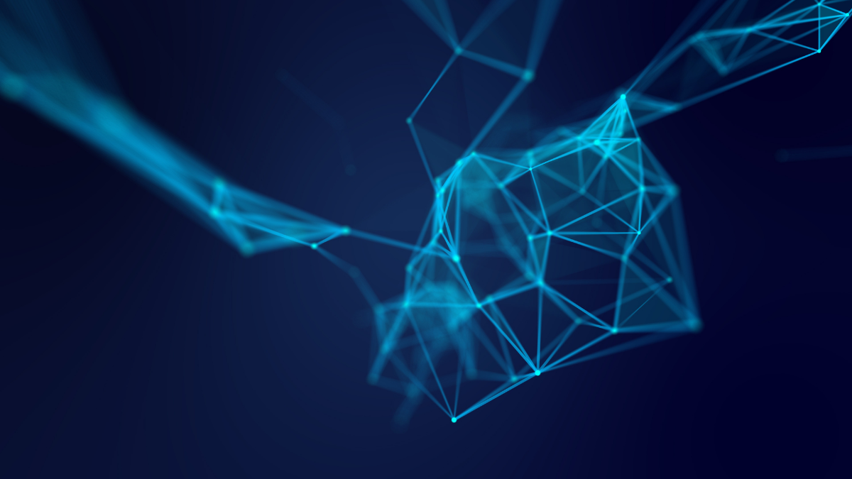 Luminous, blue, three-dimensional network structure of connected points and lines against a dark background