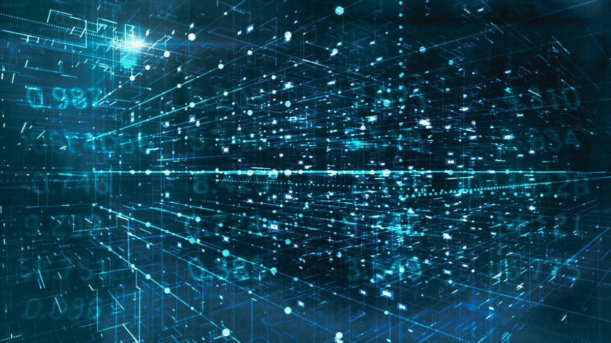 Three-dimensional representation of a digital network with glowing dots and lines against a dark background