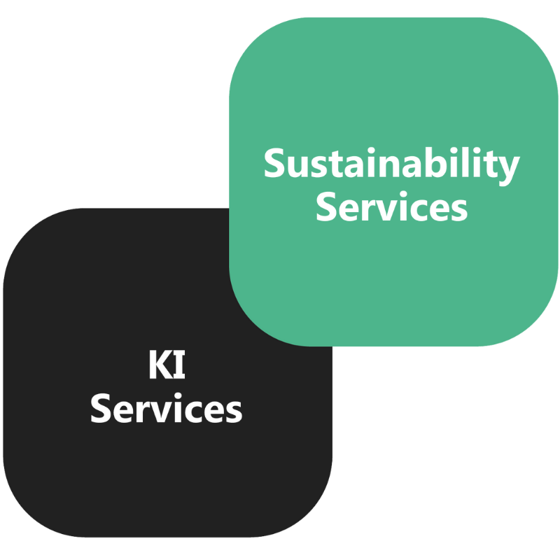 Schwarzes und grünes abgerundetes Quadrat, die sich teilweise überlappen, mit der Aufschrift KI Services & Sustainability Services