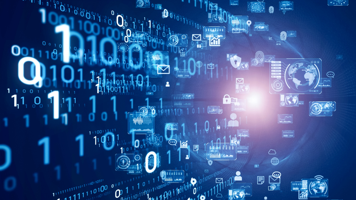 Digital representation with binary numbers and symbols for data and communication against a blue background