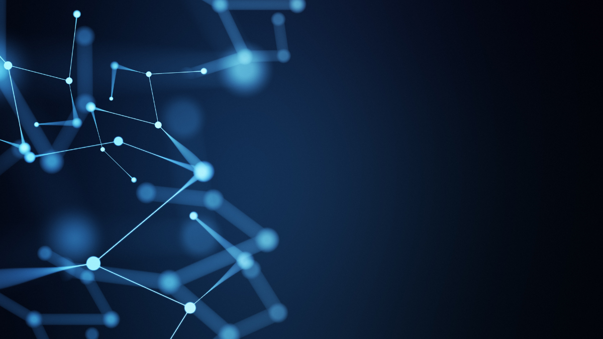 Abstract network of glowing blue dots and lines against a dark background