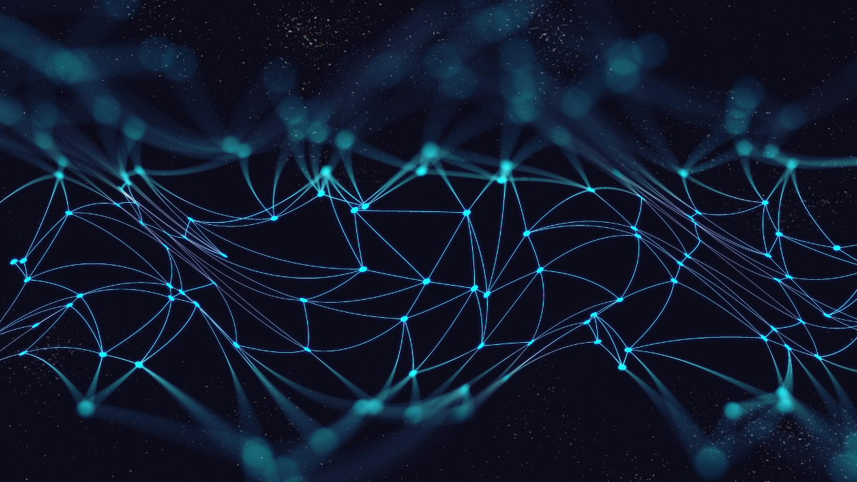 Dark background with glowing, connected dots and lines forming a network or grid