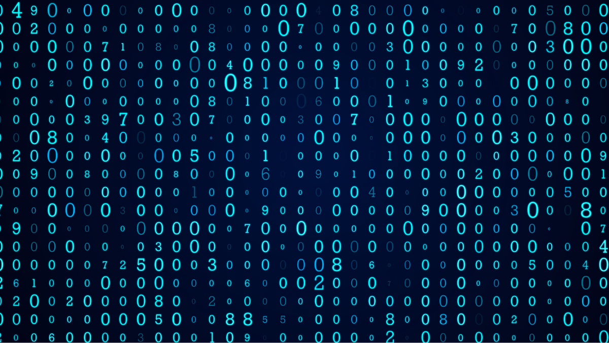 Close-up of vertically arranged, glowing blue binary numbers on a dark background