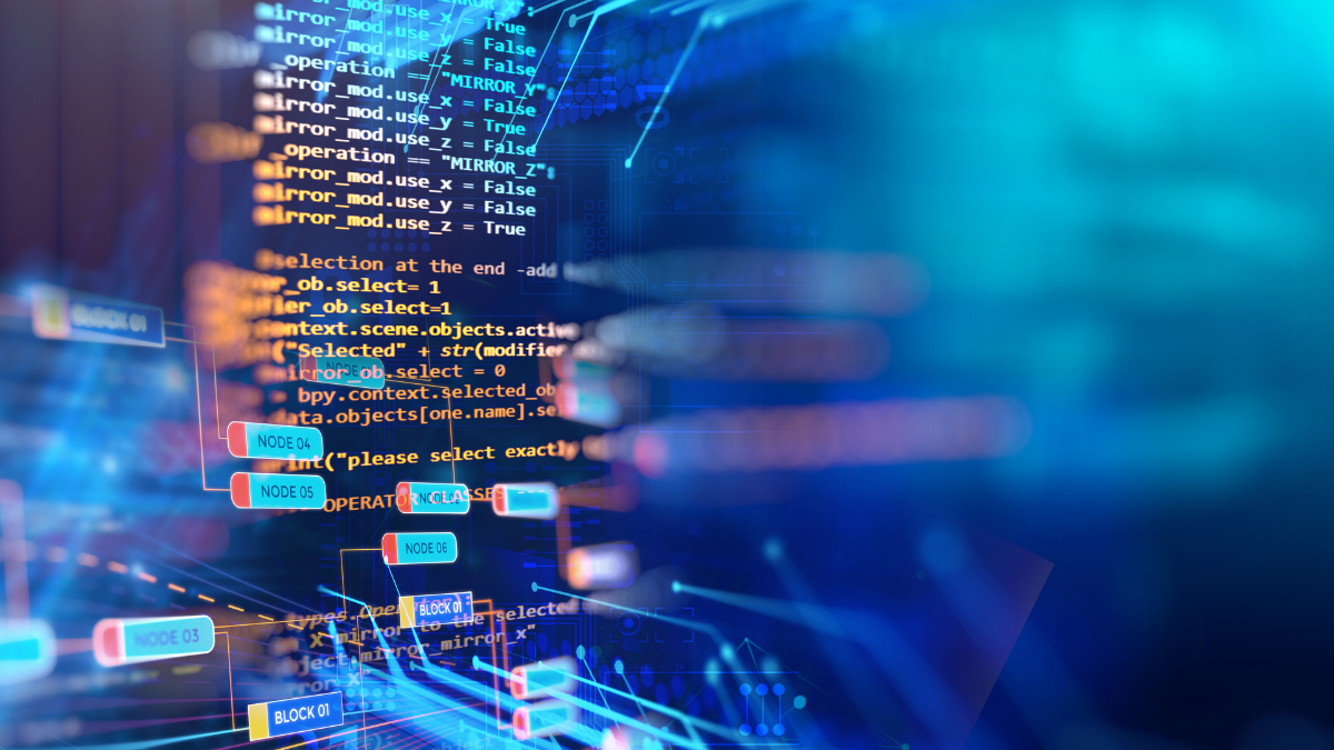Blurred representation of programming code and networked nodes against a blue background