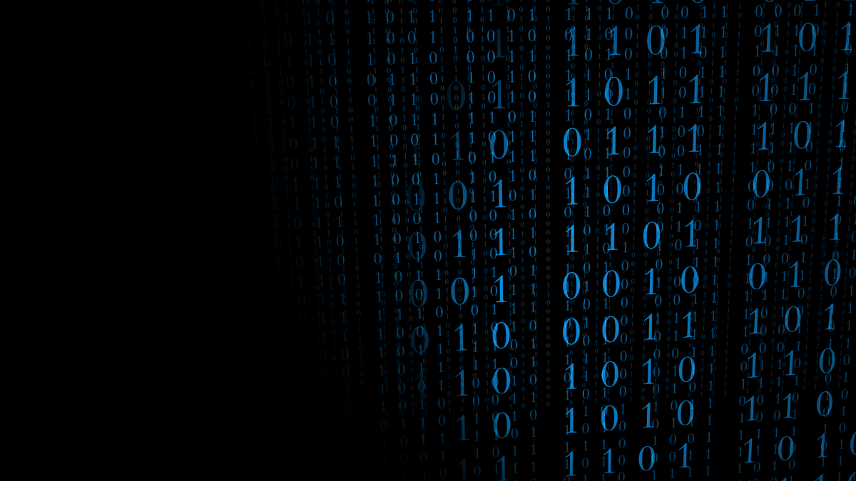Blue binary numbers in vertical columns on a black background