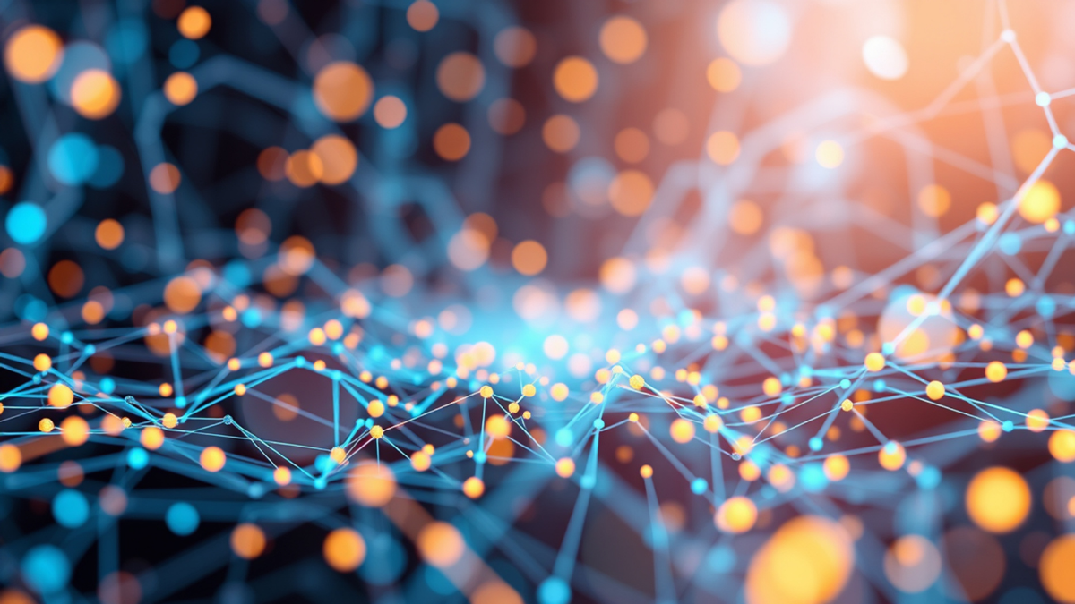 Close-up of an abstract network of blue lines and orange dots against a dark background