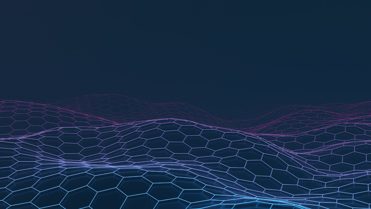 Three-dimensional wave landscape of hexagonal mesh on a dark background