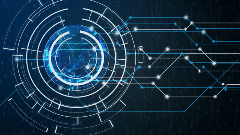 Blau-weiße digitale Grafik mit konzentrischen Kreisen links und verbundenen Linien rechts vor dunklem Hintergrund
