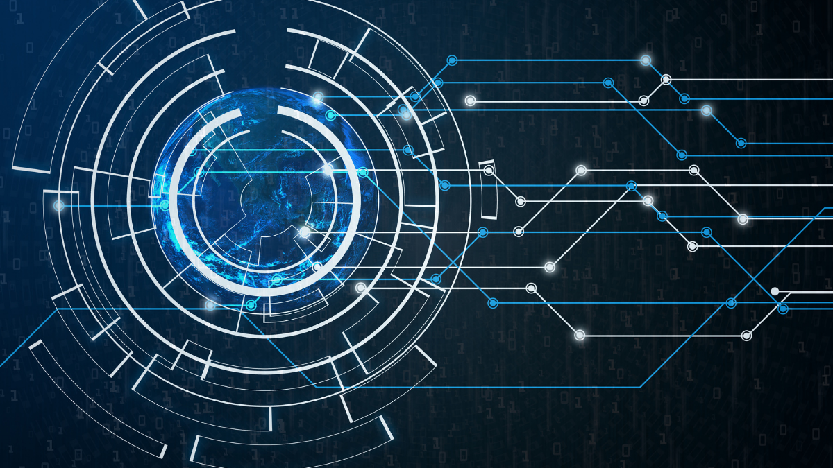 Blue and white digital graphic with concentric circles on the left and connected lines on the right against a dark background