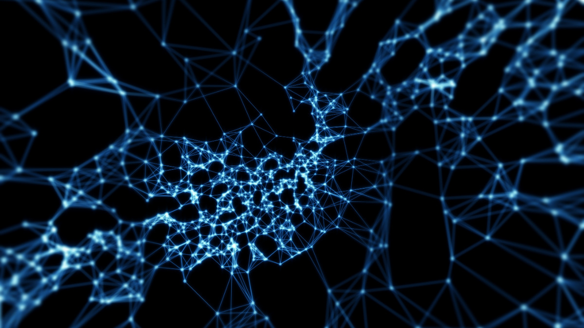 Glowing blue network of connected dots and lines against a black background