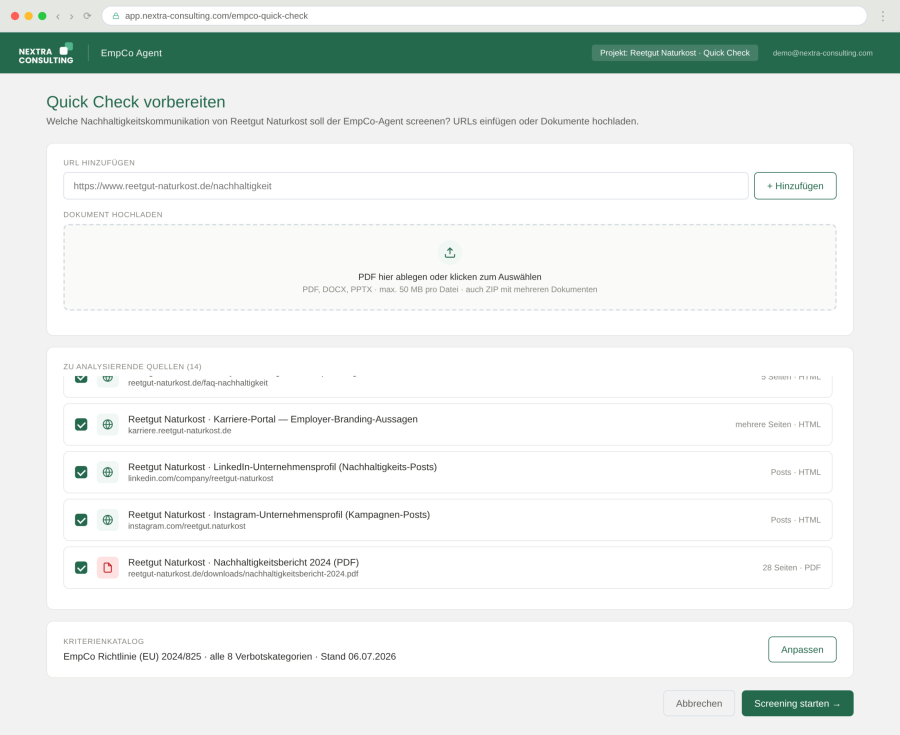 Screenshot des Nextra EmpCo Quick Check: Auswahl der zu analysierenden Nachhaltigkeitsquellen eines Unternehmens, inklusive Website-Seiten und PDF-Nachhaltigkeitsbericht.