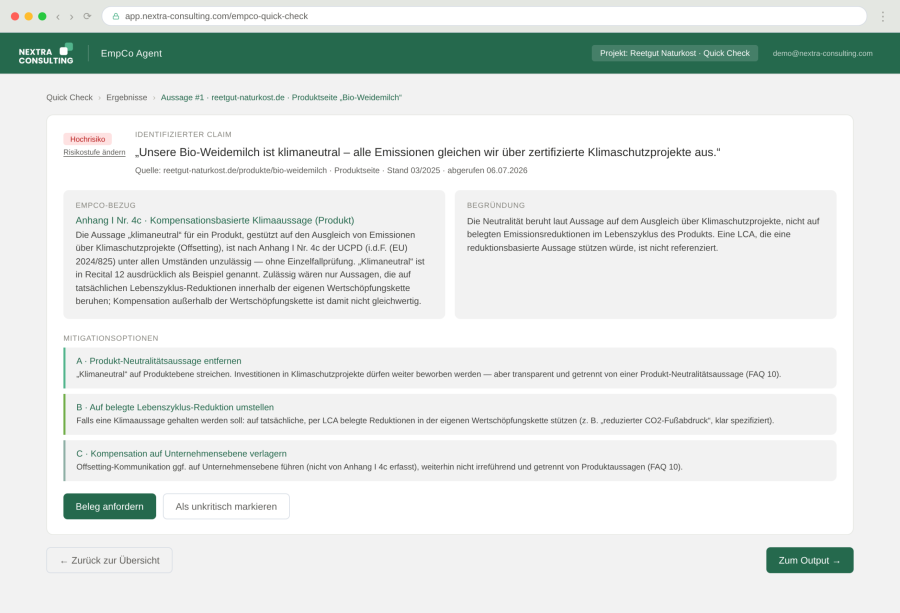 Screenshot des Nextra EmpCo Quick Check: Detailansicht einer Nachhaltigkeitsaussage mit EmpCo-Bezug, Begründung und konkreten Mitigationsoptionen.